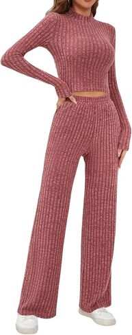 Micoson Women's Two Piece Outfits Knit Lounge Sets Mock Neck Long Sleeve Crop Top Loose Wide Leg Pants Casual Loungewear Set in Saudi Arabia