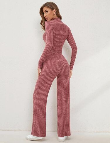 Micoson Women's Two Piece Outfits Knit Lounge Sets Mock Neck Long Sleeve Crop Top Loose Wide Leg Pants Casual Loungewear Set in Saudi Arabia