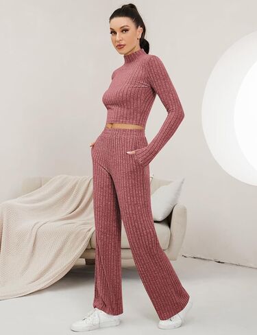 Micoson Women's Two Piece Outfits Knit Lounge Sets Mock Neck Long Sleeve Crop Top Loose Wide Leg Pants Casual Loungewear Set in Saudi Arabia