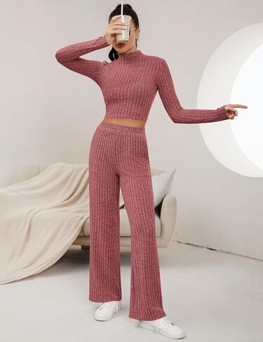 Micoson Women's Two Piece Outfits Knit Lounge Sets Mock Neck Long Sleeve Crop Top Loose Wide Leg Pants Casual Loungewear Set in Saudi Arabia