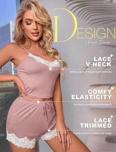 RSLOVE Women's Sexy Pajamas Sets Lace Trim Cami Shorts Sets PJ Set Lounge Set Sleepwear in Saudi Arabia
