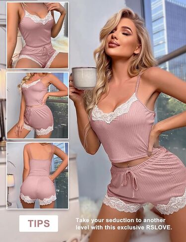 RSLOVE Women's Sexy Pajamas Sets Lace Trim Cami Shorts Sets PJ Set Lounge Set Sleepwear in Saudi Arabia