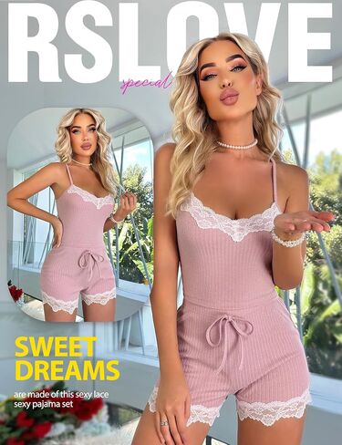 RSLOVE Women's Sexy Pajamas Sets Lace Trim Cami Shorts Sets PJ Set Lounge Set Sleepwear in Saudi Arabia