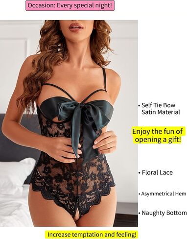 Donnalla Women Sexy Bodysuit Self Knot Front Floral Lace Teddy One Piece Babydoll Naughty Lingerie in Kuwait