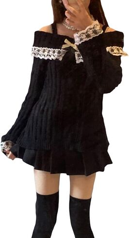 Women Y2K Fairy Grunge Sweater Long Sleeve Slim Fit Star Pattern Knitted Pullover 2000s Fall Boat Neck Jumpers Top in Kuwait