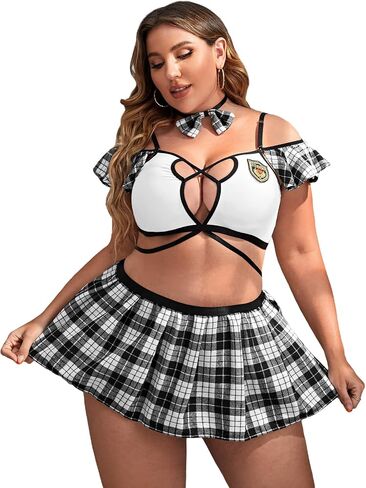 WDIRARA Women's Plus Size Tartan School Girl Costume Sexy Lingerie Set Bralette and Skirt in Kuwait