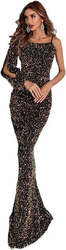 فستان حورية البحر نسائي بكتف واحد وأكمام مقسمة من Miss ord فستان حفلات رسمي مثير مزين بالترتر اللامع in Kuwait