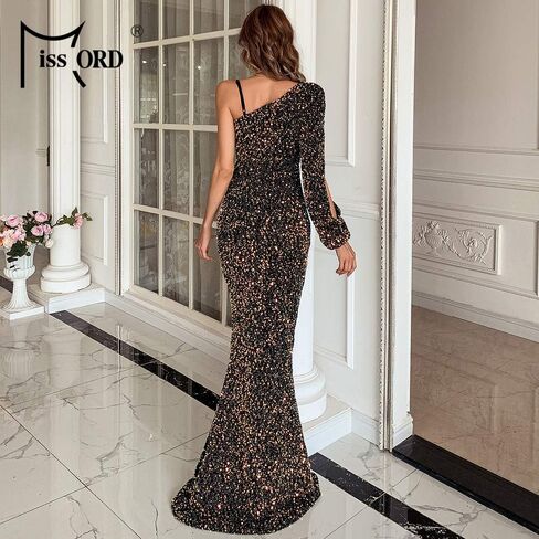 فستان حورية البحر نسائي بكتف واحد وأكمام مقسمة من Miss ord فستان حفلات رسمي مثير مزين بالترتر اللامع in Kuwait