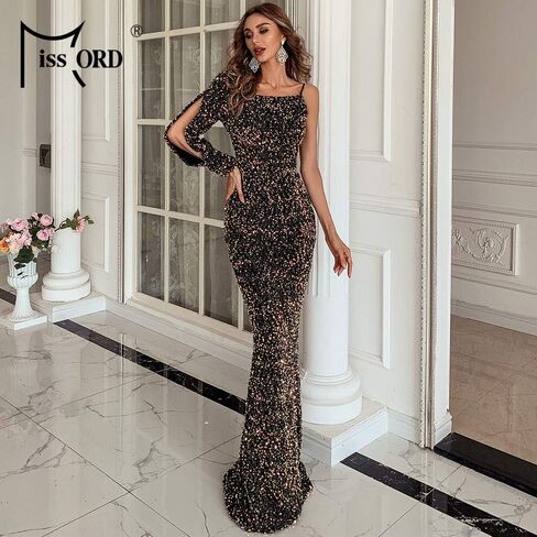 فستان حورية البحر نسائي بكتف واحد وأكمام مقسمة من Miss ord فستان حفلات رسمي مثير مزين بالترتر اللامع in Kuwait