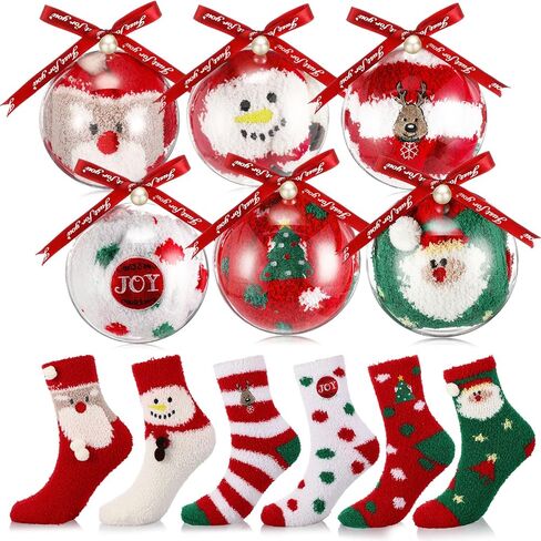 Suhine 6 Pairs Christmas Fuzzy Socks for Women Fluffy Warm Christmas Holiday Socks Cute Cozy Thick Soft Crew Slipper Xmas Socks DIY Gifts with Transparent Sphere Winter Indoors Sleep Bulk, 6 Styles in Saudi Arabia