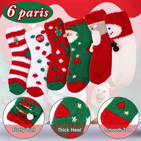 Suhine 6 Pairs Christmas Fuzzy Socks for Women Fluffy Warm Christmas Holiday Socks Cute Cozy Thick Soft Crew Slipper Xmas Socks DIY Gifts with Transparent Sphere Winter Indoors Sleep Bulk, 6 Styles in Saudi Arabia