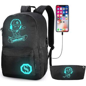 حقيبة ظهر مدرسية مضيئة من Pawsky Skateboard Anime مع منفذ شحن USB، قفل مضاد للسرقة وحقيبة أقلام للمراهقين والبنات، حقيبة كتب مدرسية جامعية خفيفة الوزن، أسود in Kuwait