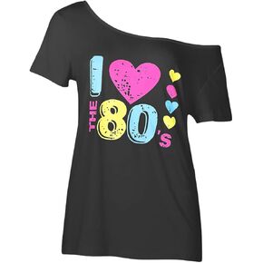 Smile Fish Women's I Love The 80's Off The Shoulder Tops 80s Costumes T Shirts
