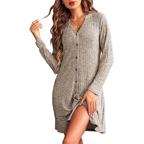 Ekouaer Nightgowns for Women Button Down Night Shirt Long Sleeve Ribbed Knit V-Neck Sleepwear Pajama Dress in Kuwait