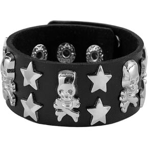 Eigso Black PU Leather Cuff Skull Biker Bracelet Wristband for Women Men Chains Bangle Adjustable
