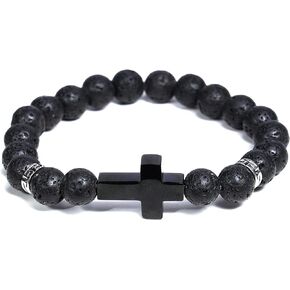 MILAKOO 8mm Natural Stone Lava Bracelet Diffuser Essential Oil Wristband with Stainless Steel Cross in Kuwait