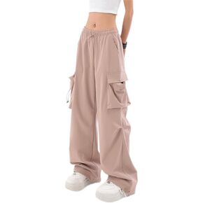 Xinor Baggy Parachute Pants for Womens Wide Leg Cargo Pants Y2k with Pockets Boyfriend Harajuku Streetwear Goth