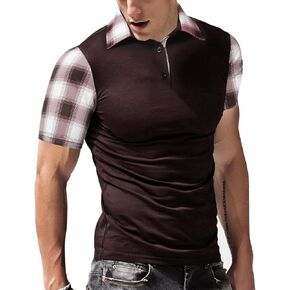 CHOMOLEZA Men's Casual Short Sleeve Polo Shirt Classic Plaid Collar Slim Fit T-Shirt