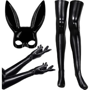 SATINIOR 5 Pieces Women Halloween Costume Set Elastic Shiny Wet Look Long Gloves Black Wet Thigh High Stockings Rabbit Ears Masquerade Cover for Halloween Cosplay Party, Multicoloured, One Size in Saudi Arabia