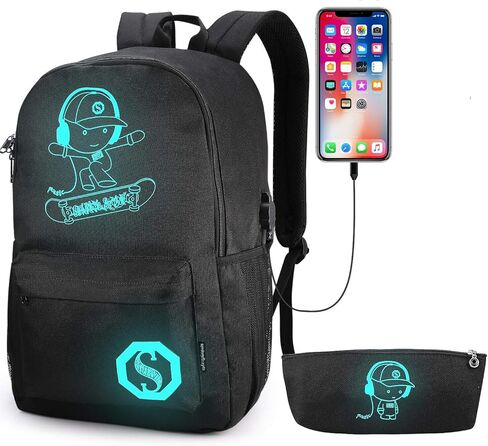 حقيبة ظهر مدرسية مضيئة من Pawsky Skateboard Anime مع منفذ شحن USB، قفل مضاد للسرقة وحقيبة أقلام للمراهقين والبنات، حقيبة كتب مدرسية جامعية خفيفة الوزن، أسود in Kuwait