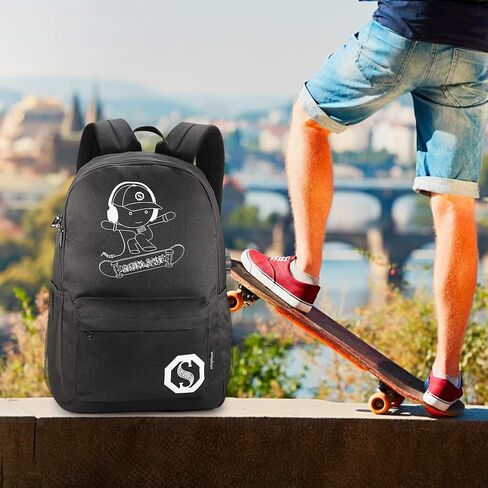 حقيبة ظهر مدرسية مضيئة من Pawsky Skateboard Anime مع منفذ شحن USB، قفل مضاد للسرقة وحقيبة أقلام للمراهقين والبنات، حقيبة كتب مدرسية جامعية خفيفة الوزن، أسود in Kuwait