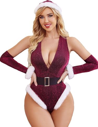 Avidlove Women Christmas Lingerie Bodysuits Sexy Deep V Plunging Teddy with Christmas Hat and Fingerless Gloves in Kuwait