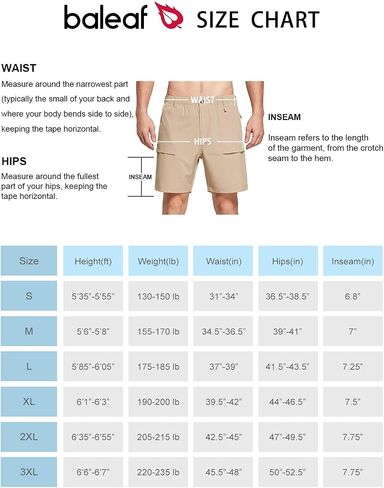 BALEAF Men's 7" Casual Shorts for Summer Elastic Waist Quick Dry Lightweight Short with Cargo Hiking Fishing in Kuwait