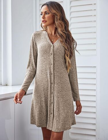 Ekouaer Nightgowns for Women Button Down Night Shirt Long Sleeve Ribbed Knit V-Neck Sleepwear Pajama Dress in Kuwait