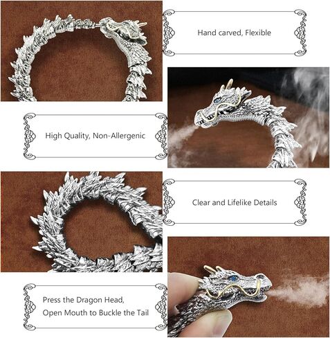 TERYSSAI Retro Dragon Bracelets for Men, Metal Style Totem Dragon Link Chain Adjustable Punk Hip Hop Dragon Men's Accessories in Kuwait