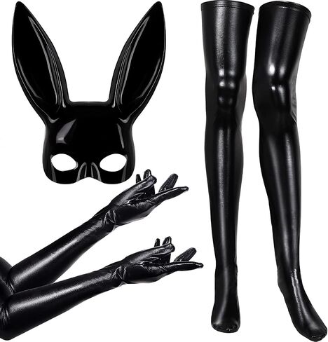 SATINIOR 5 Pieces Women Halloween Costume Set Elastic Shiny Wet Look Long Gloves Black Wet Thigh High Stockings Rabbit Ears Masquerade Cover for Halloween Cosplay Party, Multicoloured, One Size in Saudi Arabia
