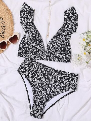 طقم بيكيني مكشكش من BIKINX للنساء لباس سباحة عالي الخصر مكون من قطعتين للتحكم في البطن in Kuwait