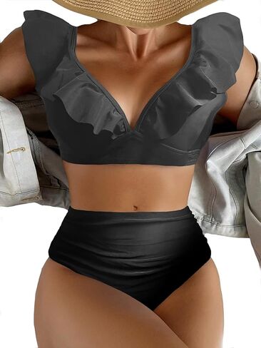 طقم بيكيني مكشكش من BIKINX للنساء لباس سباحة عالي الخصر مكون من قطعتين للتحكم في البطن in Kuwait