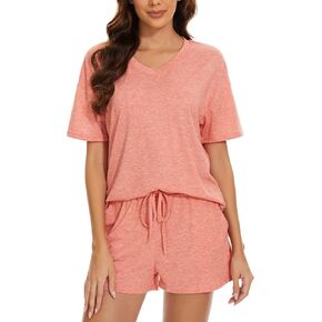 LOCUBE Women's Pajama Sets Lounge Pj Set Short Sleeved V-Neck T-Shirt and Shorts with Pockets