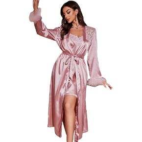 OYOANGLE Women's 2 Piece Pajama Lace Belted Silk Satin Fluffy Robe And Cami Dress Nightgown Pj Set