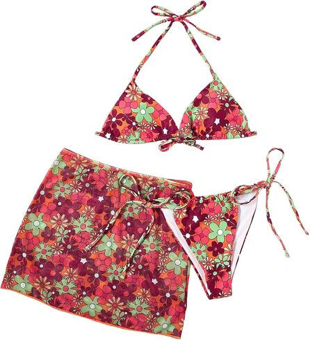 WDIRARA Women's 3 Piece Set Floral Print Drawstring Halter Backless Bikini Set in Saudi Arabia