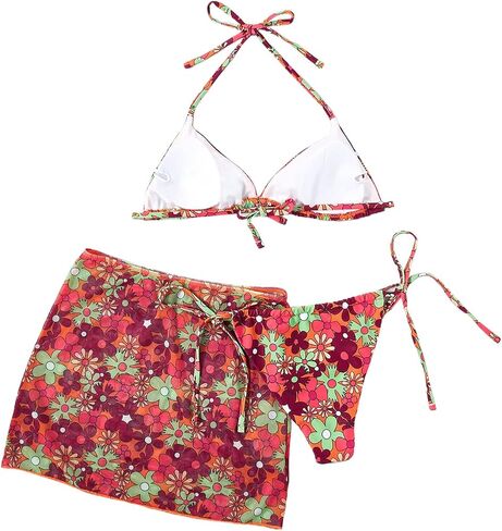WDIRARA Women's 3 Piece Set Floral Print Drawstring Halter Backless Bikini Set in Saudi Arabia