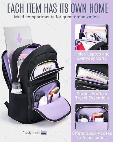 LIGHT FLIGHT Laptop Backpack for Women, Work Backpack Fits 15.6 Inch Computer Bookbags Back Pack with Charging Port Hole for Travel Work Business Hiking College, Black in Kuwait