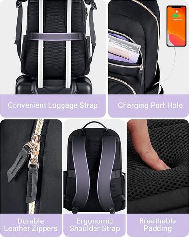 LIGHT FLIGHT Laptop Backpack for Women, Work Backpack Fits 15.6 Inch Computer Bookbags Back Pack with Charging Port Hole for Travel Work Business Hiking College, Black in Kuwait