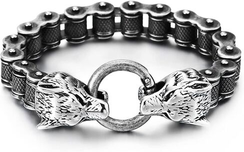 COOLSTEELANDBEYOND Retro Style Mens Steel Wolf Heads Checkered Diamond Pattern Bike Chain Bracelet, Spring Ring Clasp in Saudi Arabia