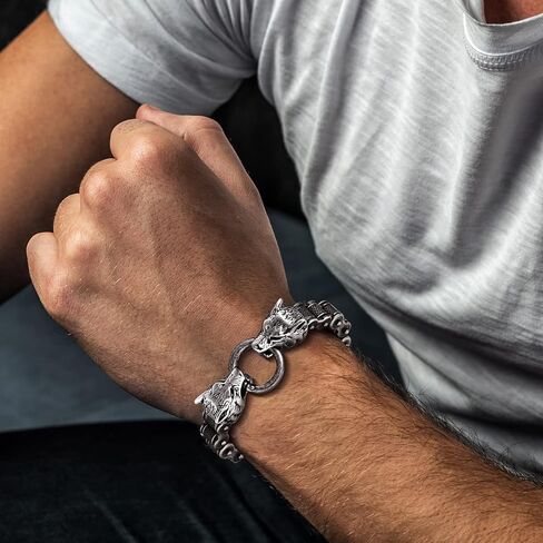COOLSTEELANDBEYOND Retro Style Mens Steel Wolf Heads Checkered Diamond Pattern Bike Chain Bracelet, Spring Ring Clasp in Saudi Arabia