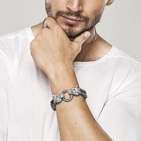 COOLSTEELANDBEYOND Retro Style Mens Steel Wolf Heads Checkered Diamond Pattern Bike Chain Bracelet, Spring Ring Clasp in Saudi Arabia