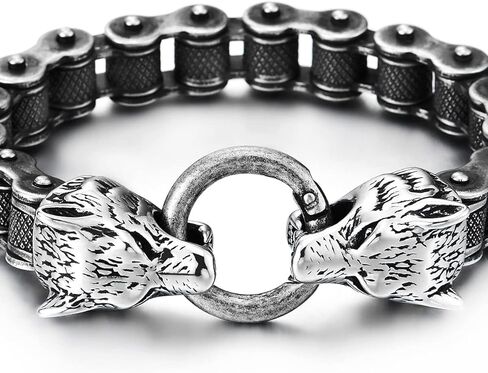 COOLSTEELANDBEYOND Retro Style Mens Steel Wolf Heads Checkered Diamond Pattern Bike Chain Bracelet, Spring Ring Clasp in Saudi Arabia
