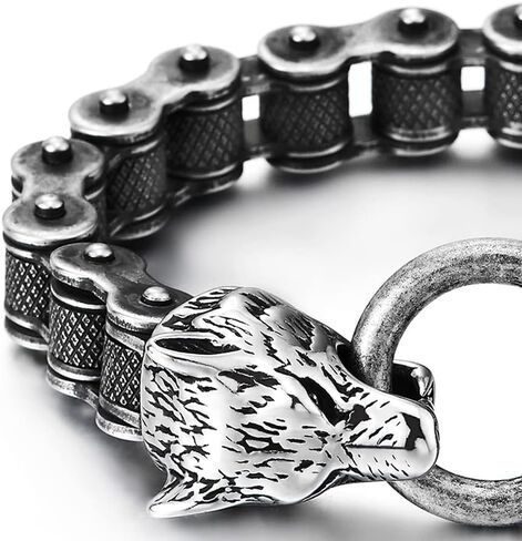 COOLSTEELANDBEYOND Retro Style Mens Steel Wolf Heads Checkered Diamond Pattern Bike Chain Bracelet, Spring Ring Clasp in Saudi Arabia