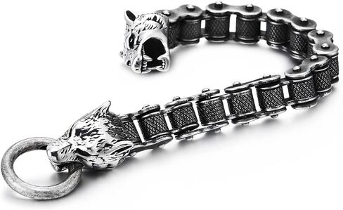 COOLSTEELANDBEYOND Retro Style Mens Steel Wolf Heads Checkered Diamond Pattern Bike Chain Bracelet, Spring Ring Clasp in Saudi Arabia