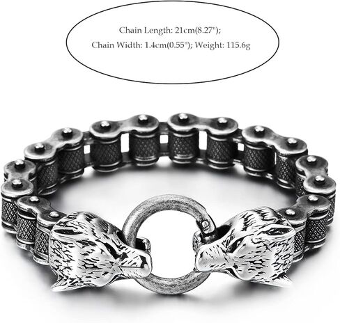 COOLSTEELANDBEYOND Retro Style Mens Steel Wolf Heads Checkered Diamond Pattern Bike Chain Bracelet, Spring Ring Clasp in Saudi Arabia