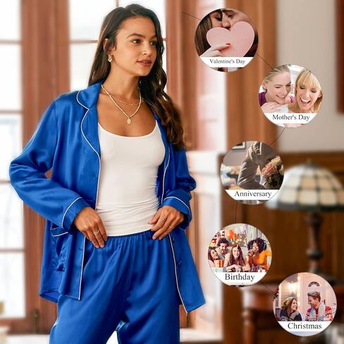 طقم بيجامات حريرية للسيدات من COLD POSH بقصة ضيقة وأكمام طويلة ملابس نوم كلاسيكية فاخرة 100% حرير التوت الفاخر 22 Momme ملابس للاستلقاء in Kuwait