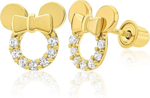Solid 14k Yellow Gold Small Mouse Cubic Zirconia Stud Earrings with Comfort Screw Backs in Saudi Arabia