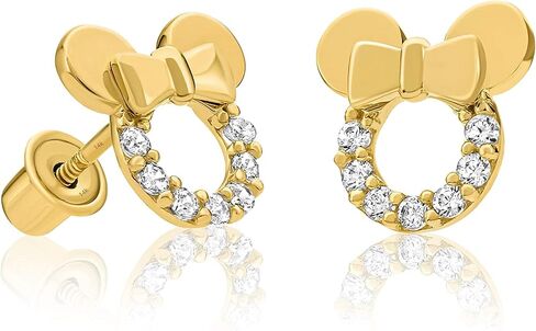 Solid 14k Yellow Gold Small Mouse Cubic Zirconia Stud Earrings with Comfort Screw Backs in Saudi Arabia