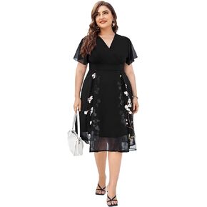Floerns Women's Plus Size A Line Midi Dress Mesh Short Sleeve Wrap V Neck Embroidery Floral Dress