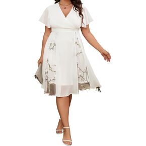 Floerns Women's Plus Size A Line Midi Dress Mesh Short Sleeve Wrap V Neck Embroidery Floral Dress in Kuwait